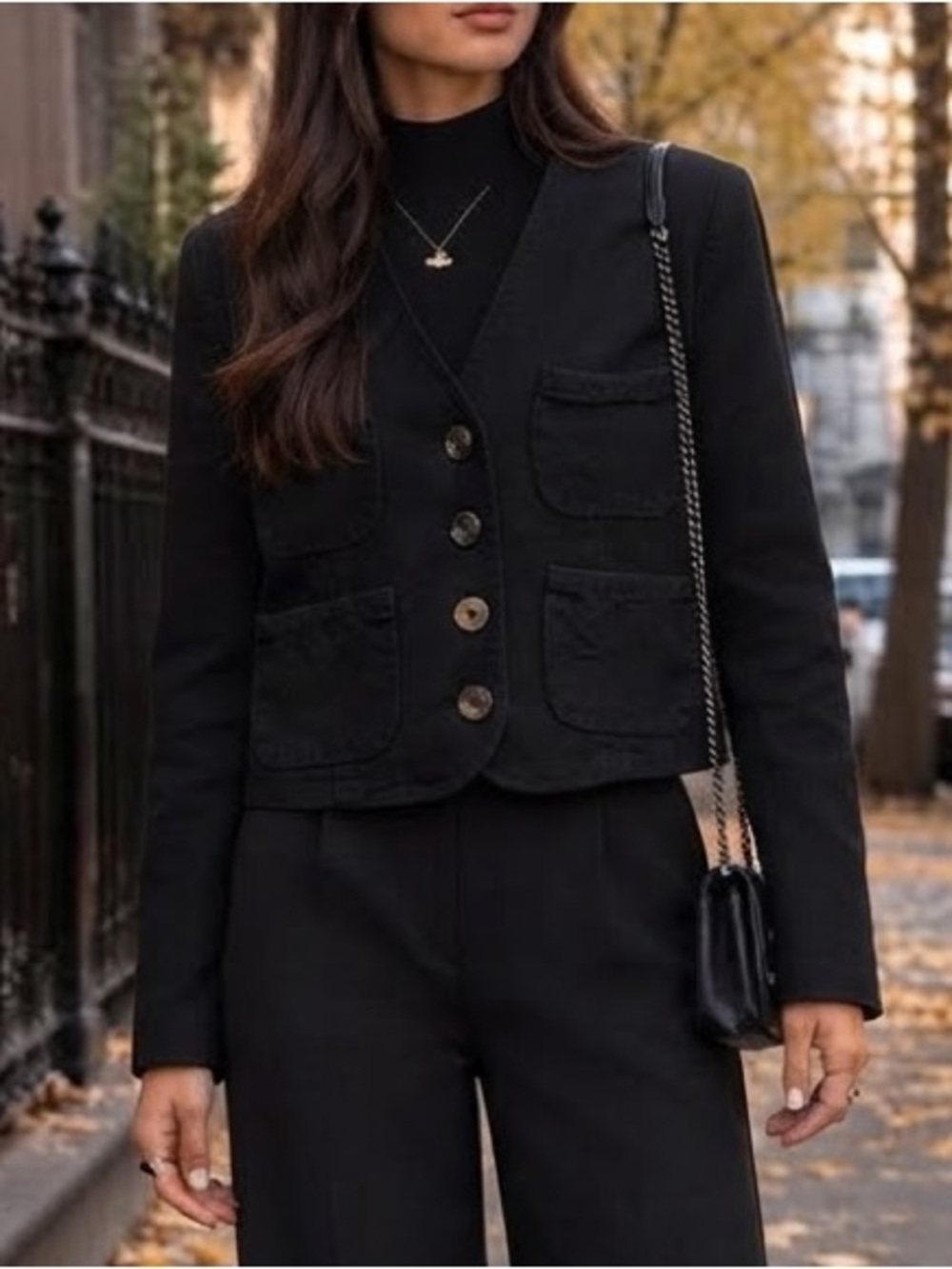 LOW CLASSIC Black Cropped V-Neck Pocket Blazer Jacket S Korean Minimalist